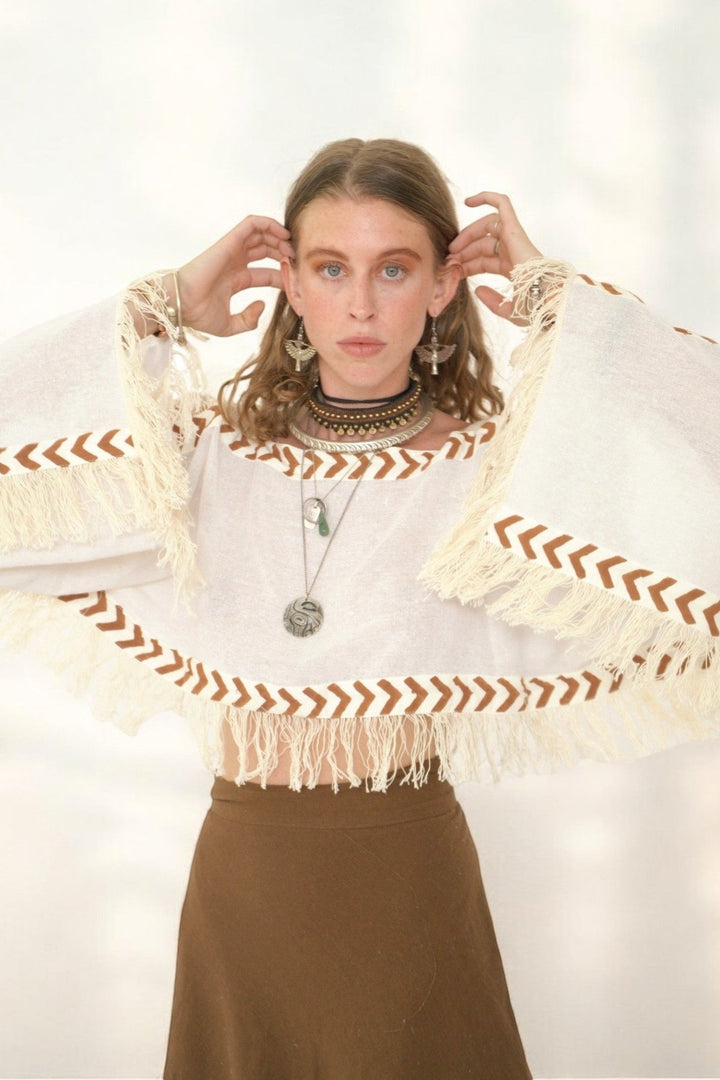 Long Sleeve Crop Top with Fringe (White)