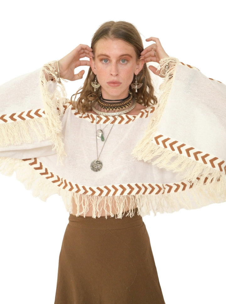 Long Sleeve Crop Top with Fringe (White)