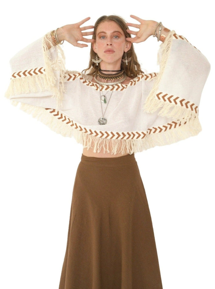 Long Sleeve Crop Top with Fringe (White)