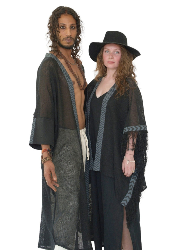 Organic Cotton Mesh Long Kimono (Black)