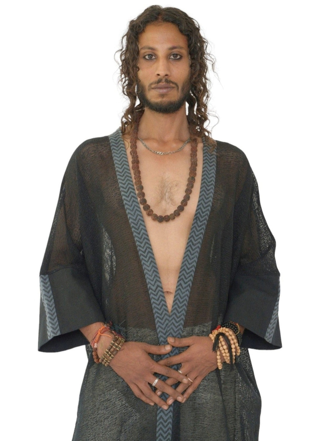 Organic Cotton Mesh Long Kimono (Black)