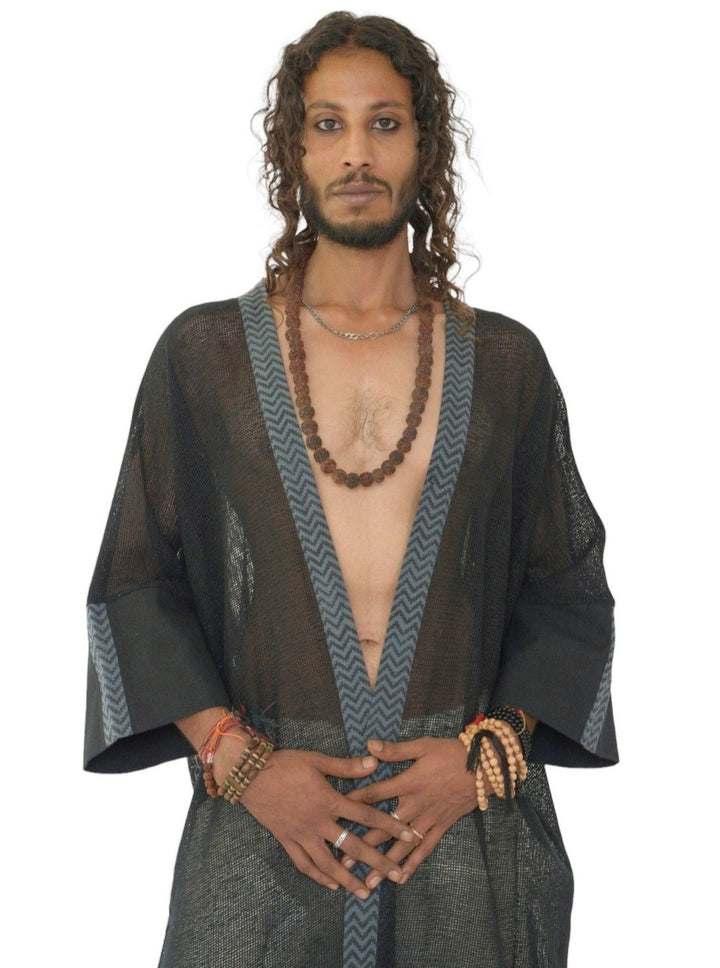 Organic Cotton Mesh Long Kimono (Black)