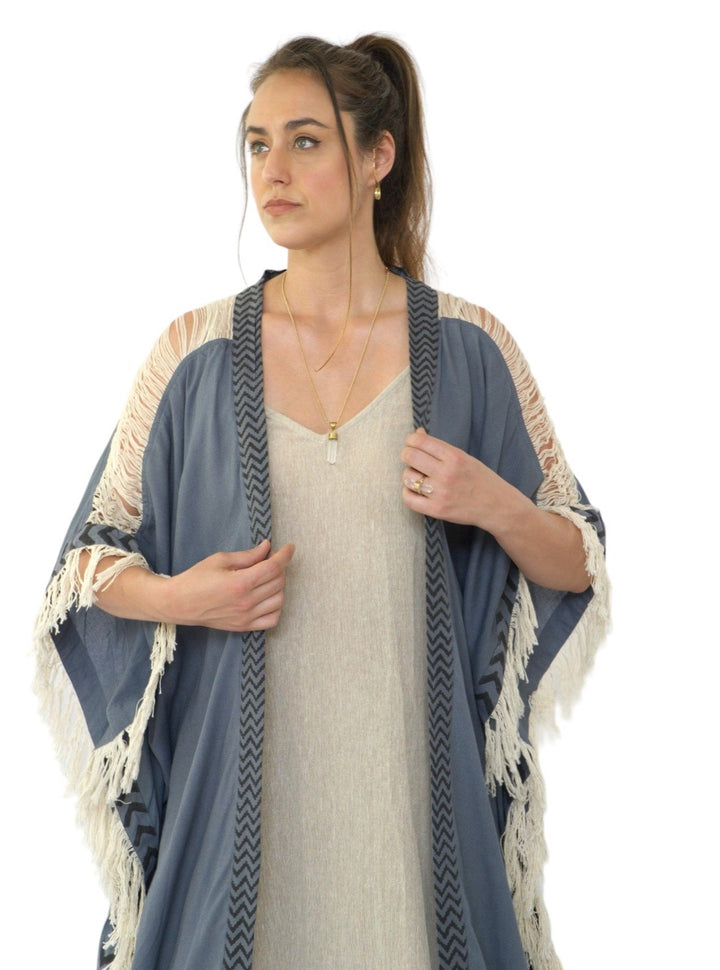 Sustainable Rayon Fringe Poncho (Denim Blue)