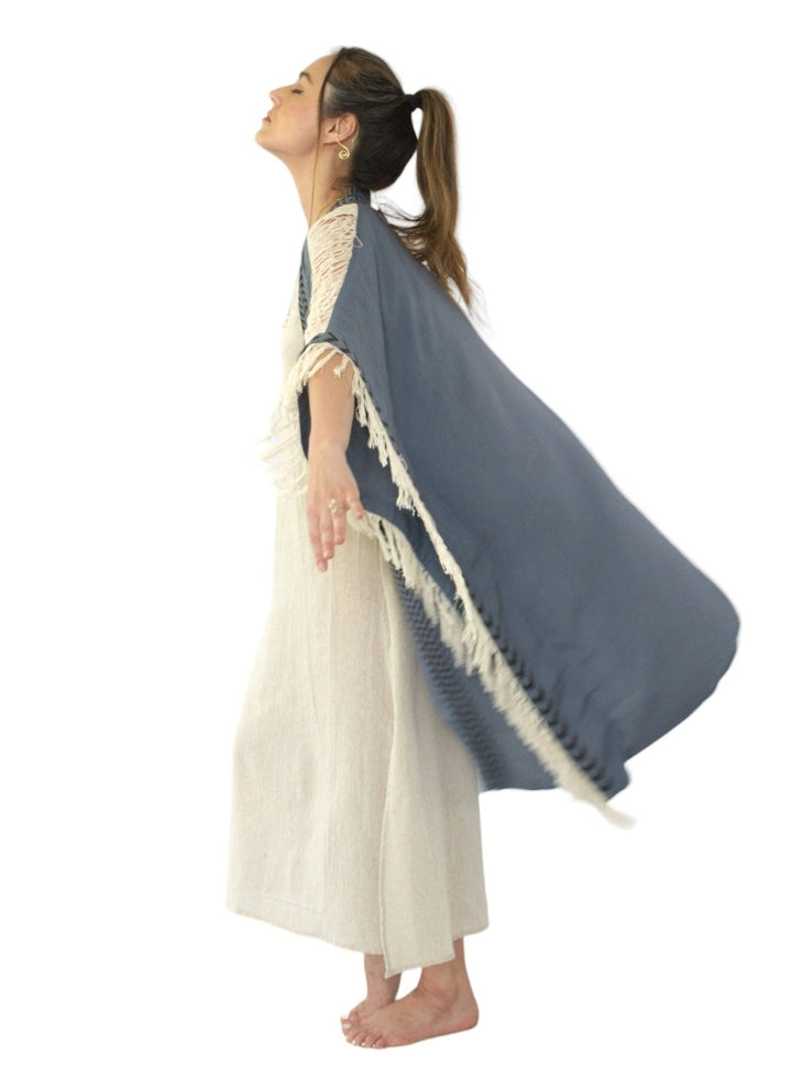 Sustainable Rayon Fringe Poncho (Denim Blue)