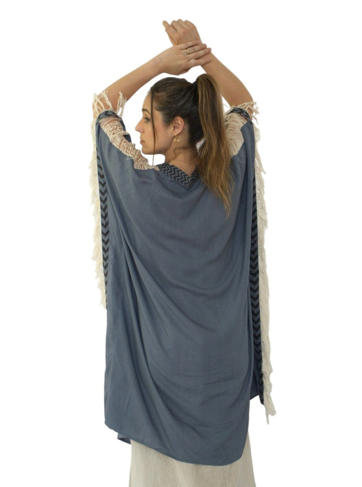 Sustainable Rayon Fringe Poncho (Denim Blue)