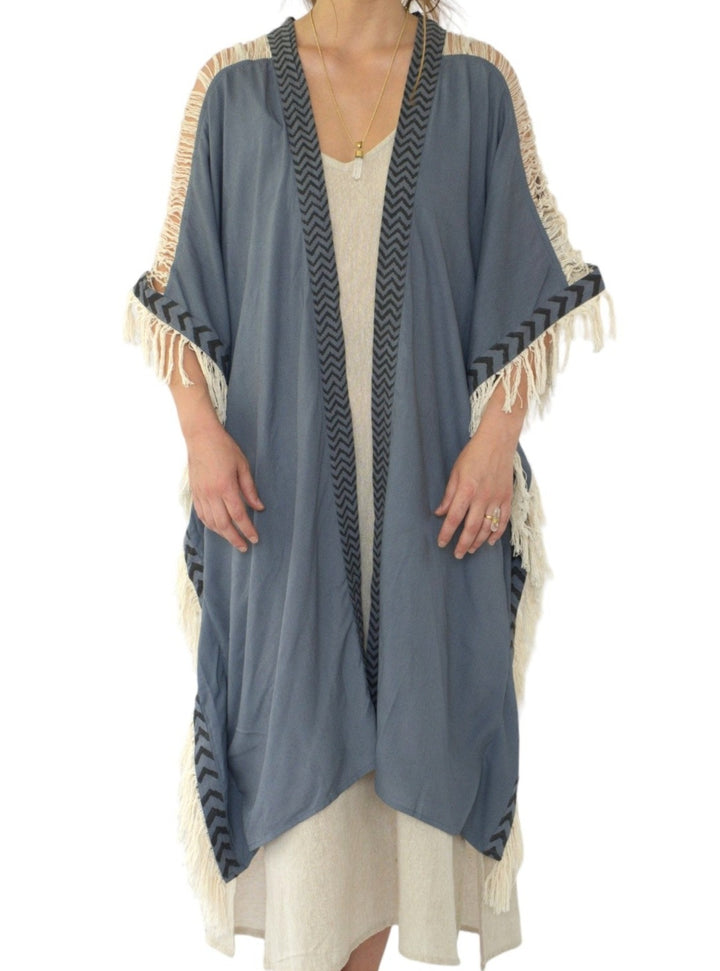 Sustainable Rayon Fringe Poncho (Denim Blue)