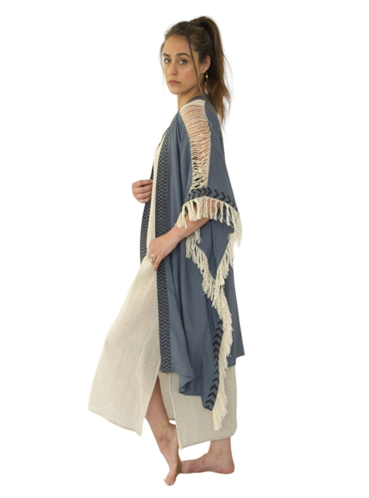 Sustainable Rayon Fringe Poncho (Denim Blue)