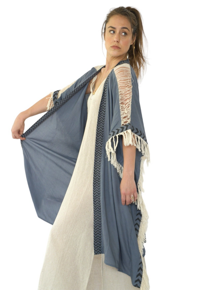 Sustainable Rayon Fringe Poncho (Denim Blue)