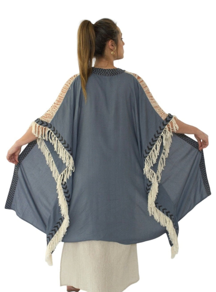 Sustainable Rayon Fringe Poncho (Denim Blue)