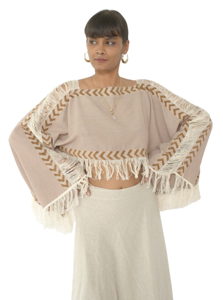 Long Sleeve Crop Top with Fringe (Dusty Rose)
