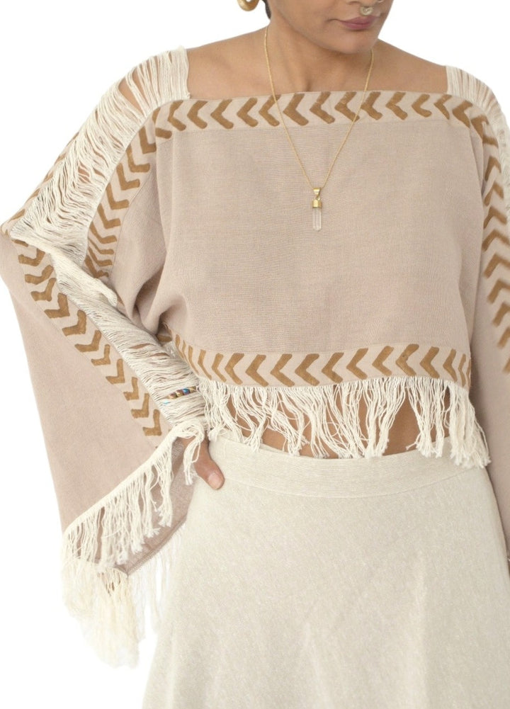 Long Sleeve Crop Top with Fringe (Dusty Rose)