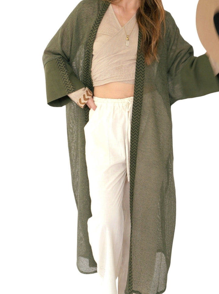 Organic Cotton Mesh Long Kimono (Forest Green)