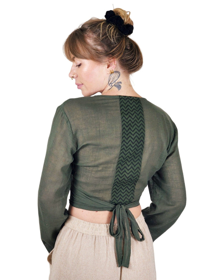 Linen Long Sleeve Wrap Shirt (Forest Green)