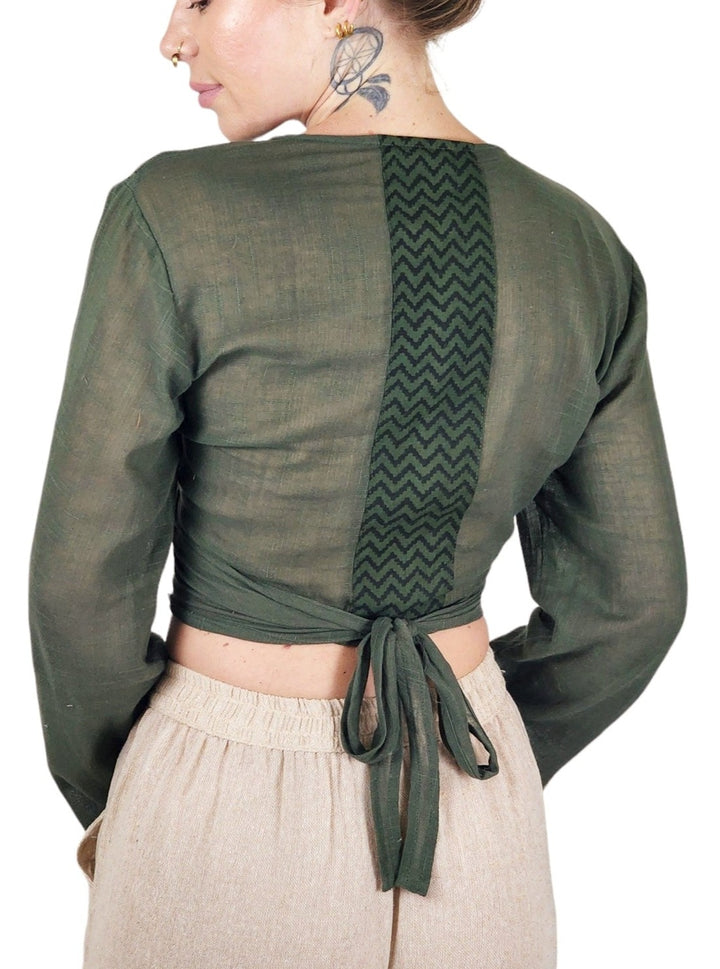 Linen Long Sleeve Wrap Shirt (Forest Green)