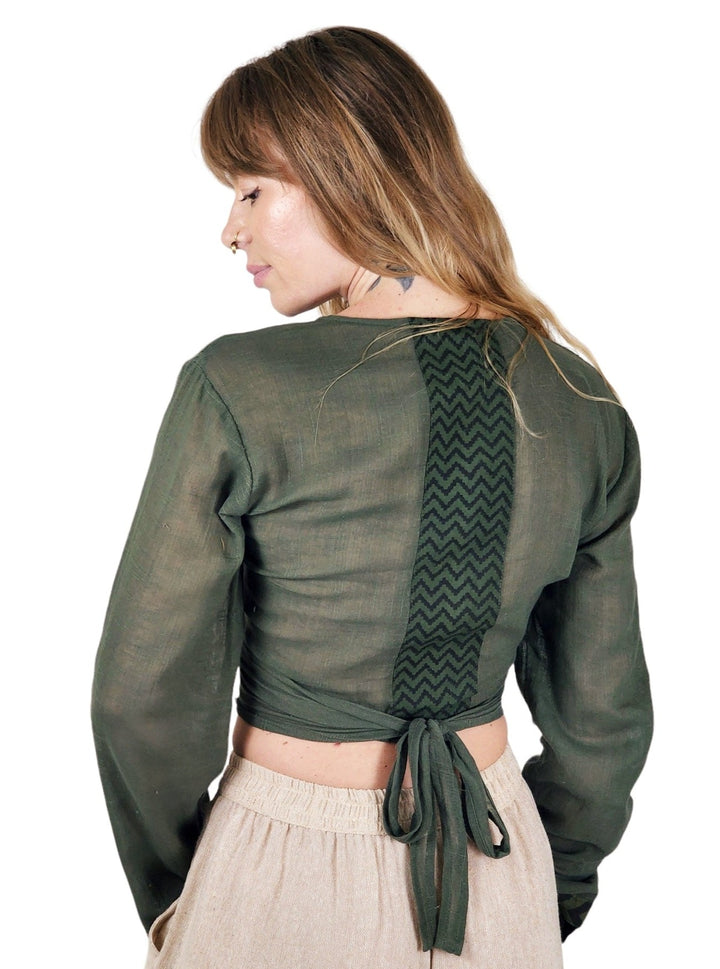 Linen Long Sleeve Wrap Shirt (Forest Green)
