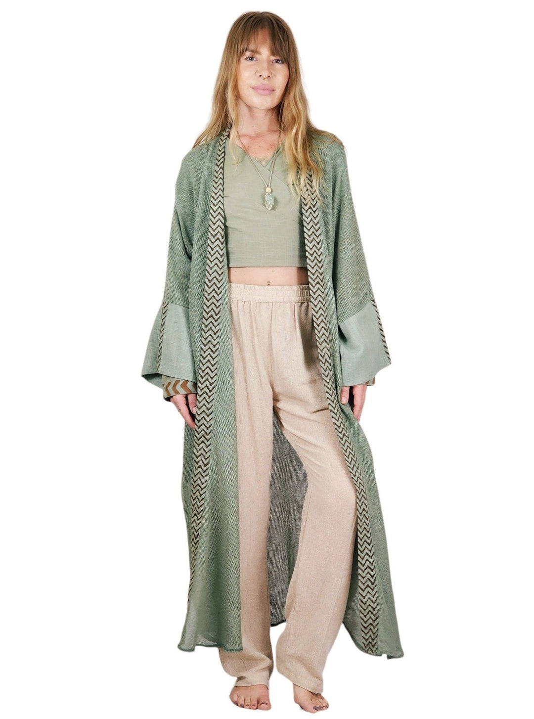 Organic Cotton Mesh Long Kimono (Sage)