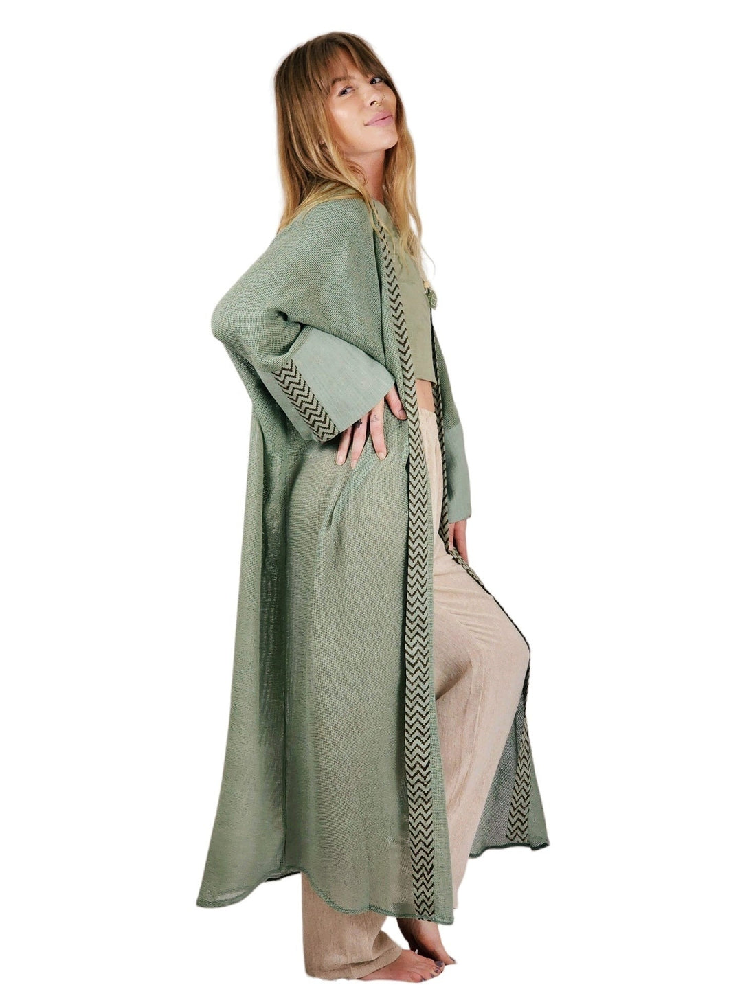 Organic Cotton Mesh Long Kimono (Sage)
