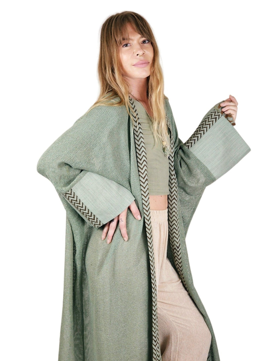 Organic Cotton Mesh Long Kimono (Sage)