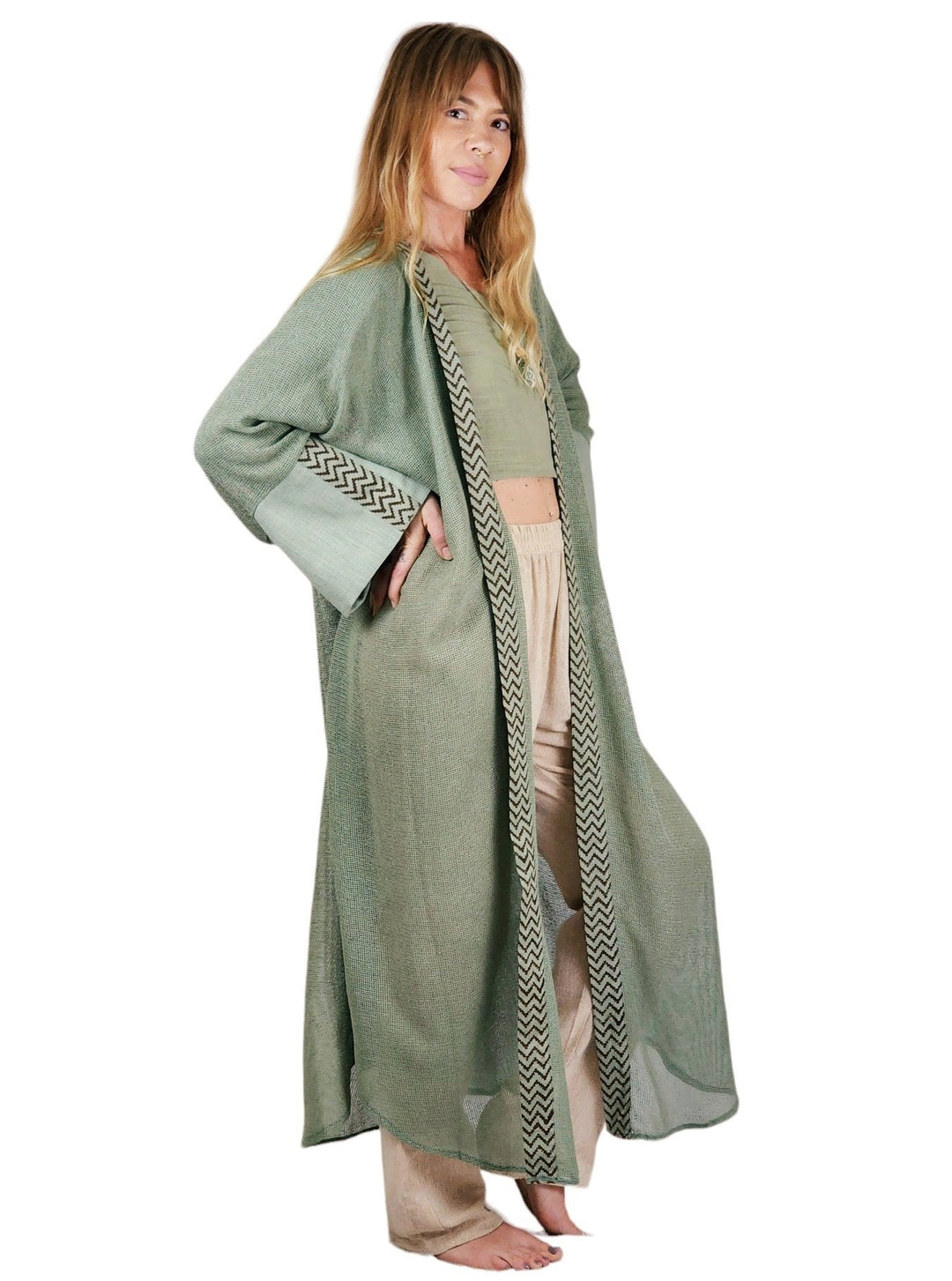 Organic Cotton Mesh Long Kimono (Sage)