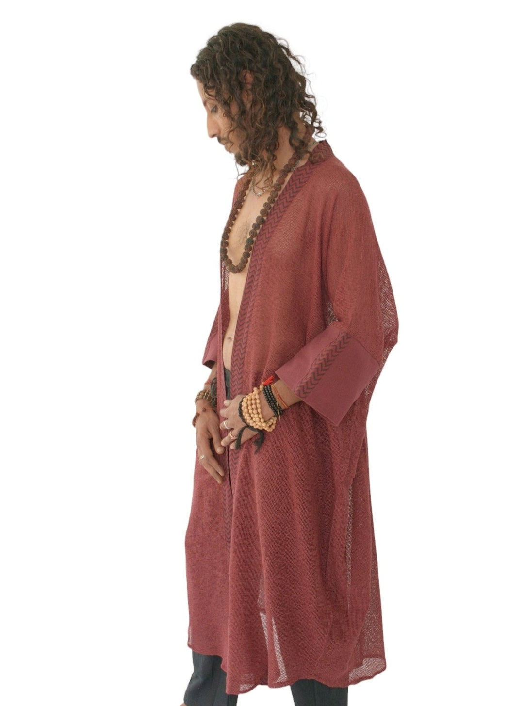 Organic Cotton Mesh Long Kimono (Maroon)