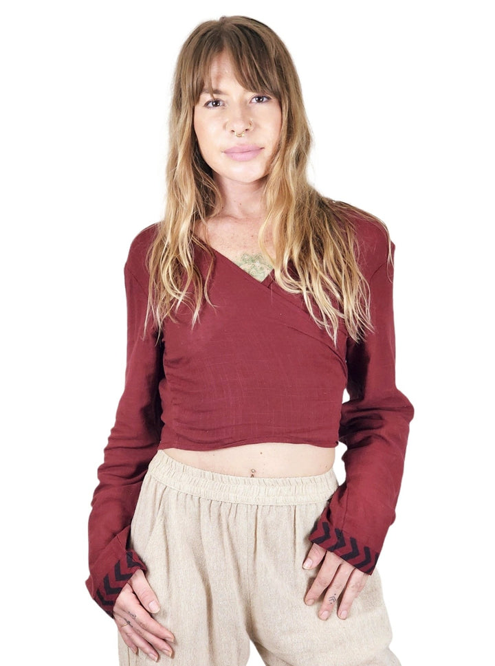 Linen Long Sleeve Wrap Shirt (Maroon)