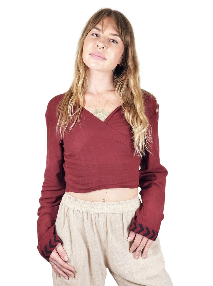 Linen Long Sleeve Wrap Shirt (Maroon)