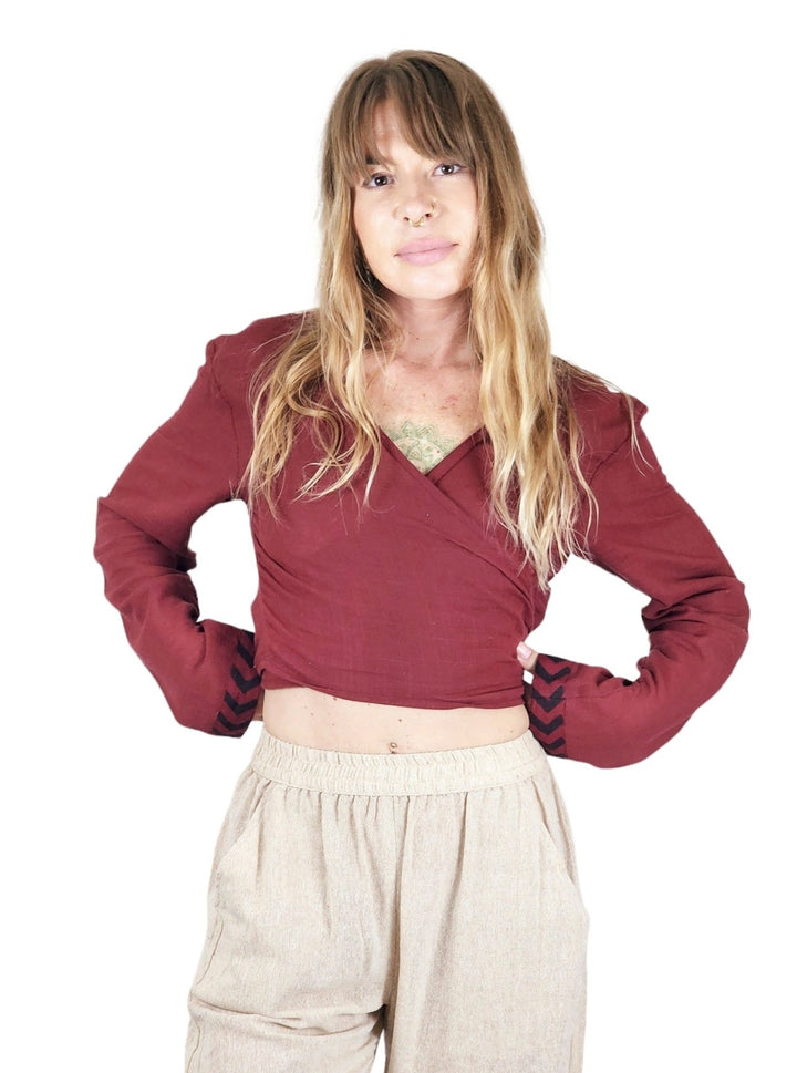 Linen Long Sleeve Wrap Shirt (Maroon)