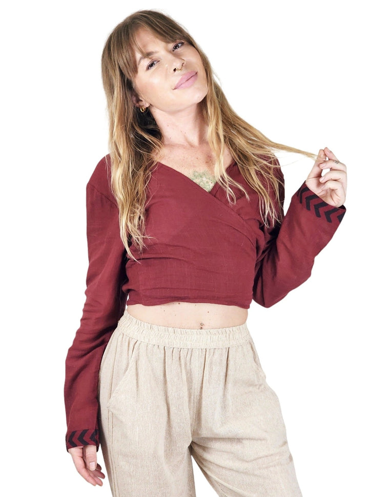 Linen Long Sleeve Wrap Shirt (Maroon)