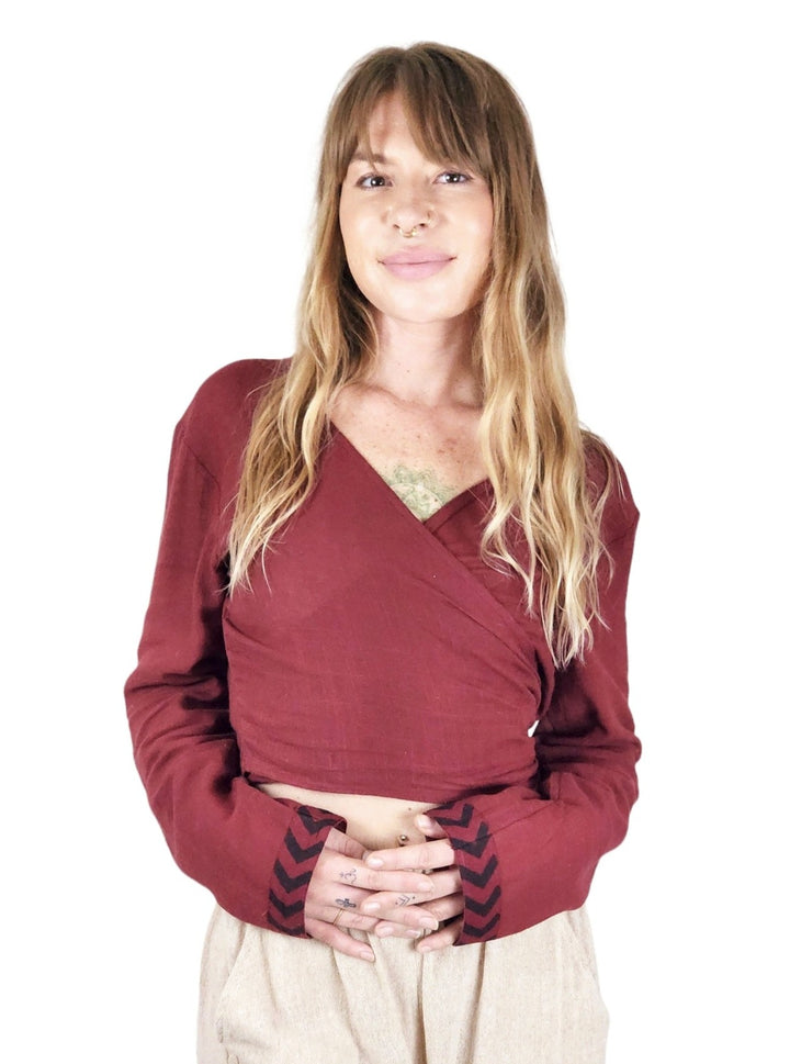 Linen Long Sleeve Wrap Shirt (Maroon)