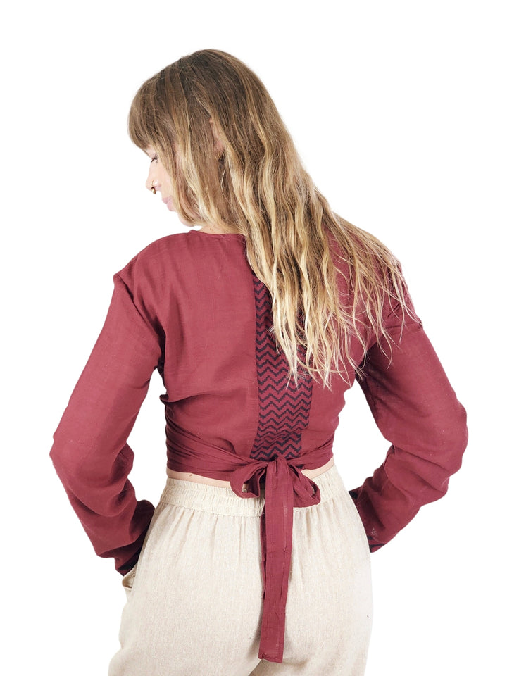 Linen Long Sleeve Wrap Shirt (Maroon)