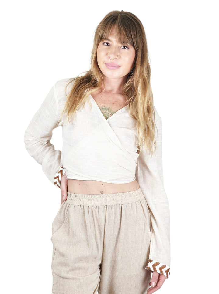 Linen Long Sleeve Wrap Shirt (Cream)