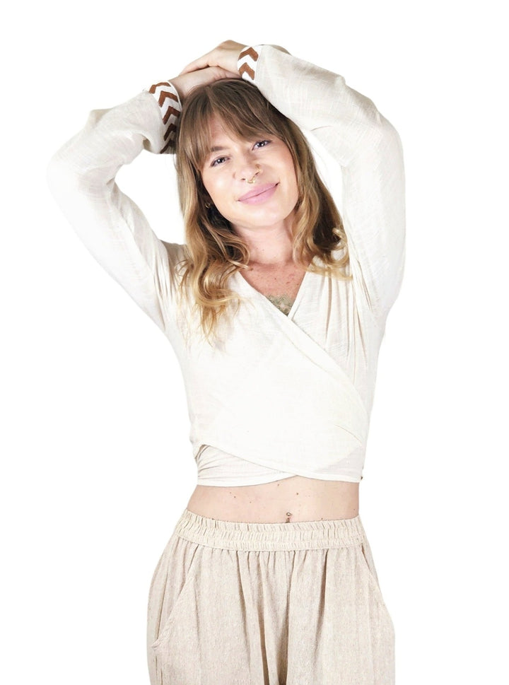 Linen Long Sleeve Wrap Shirt (Cream)