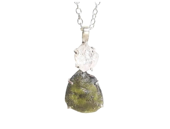 Moldavite and Herkimer Sterling Silver Necklace Sacred Ceremony
