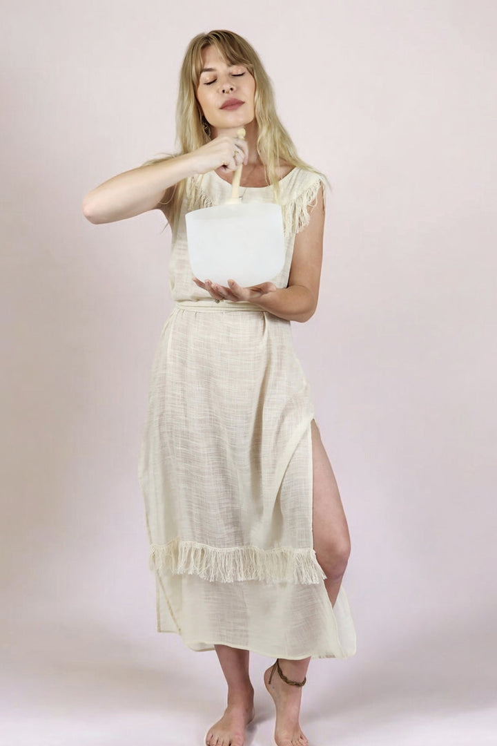 Linen Maxi Dress with Fringe (Cream)