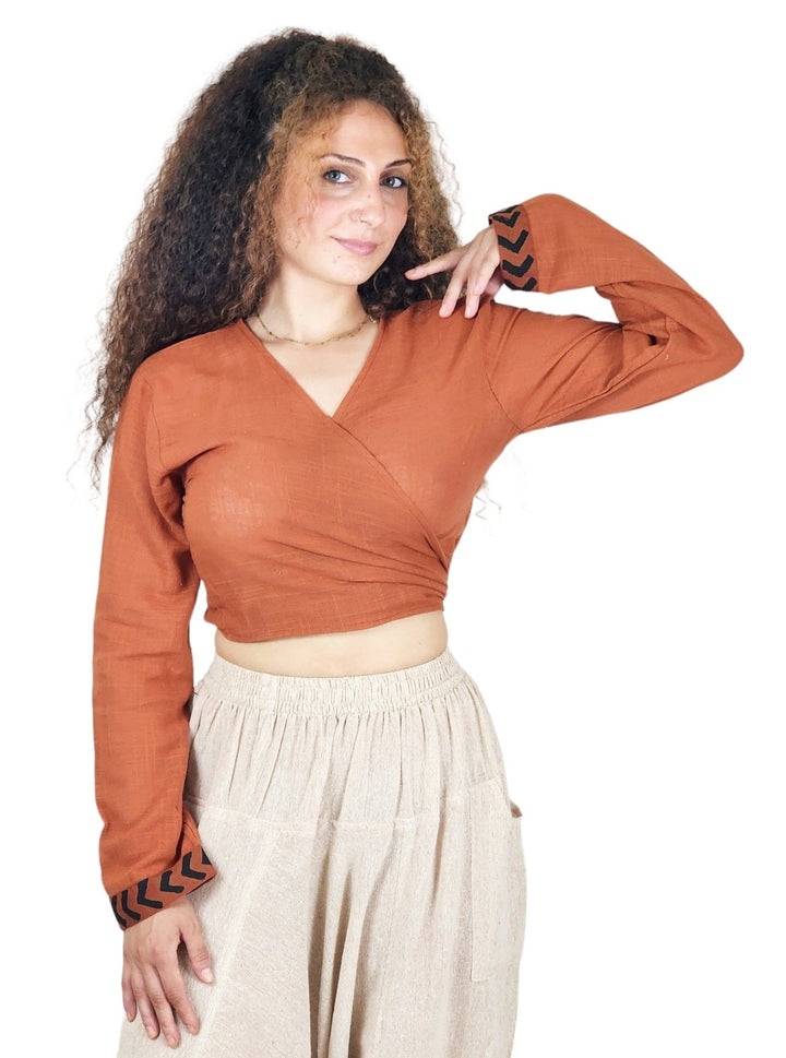 Linen Long Sleeve Wrap Shirt (Rust)