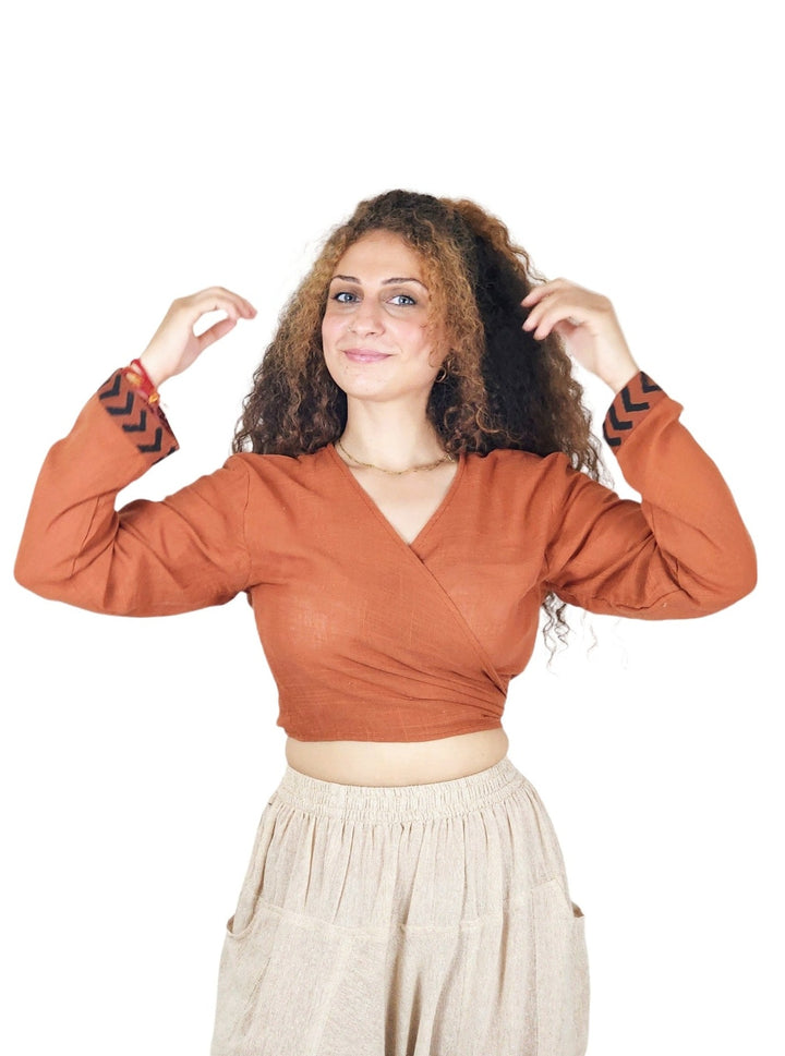 Linen Long Sleeve Wrap Shirt (Rust)