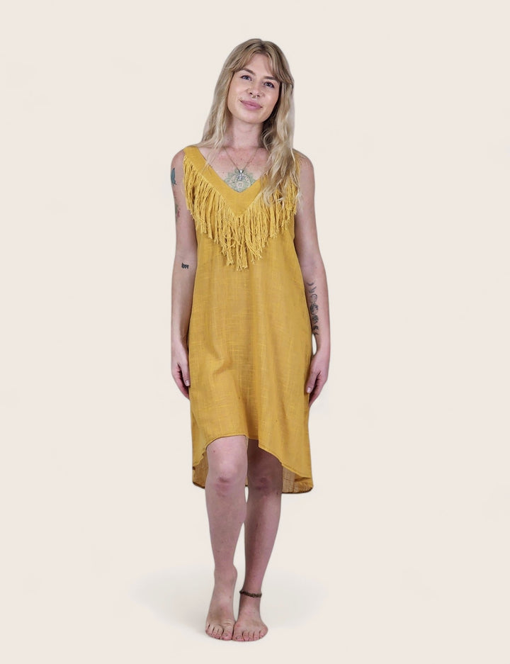 Linen Mini Fringe Dress (Turmeric)