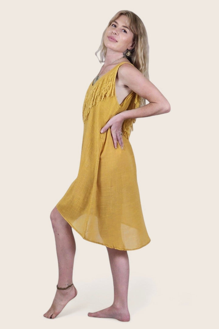Linen Mini Fringe Dress (Turmeric)