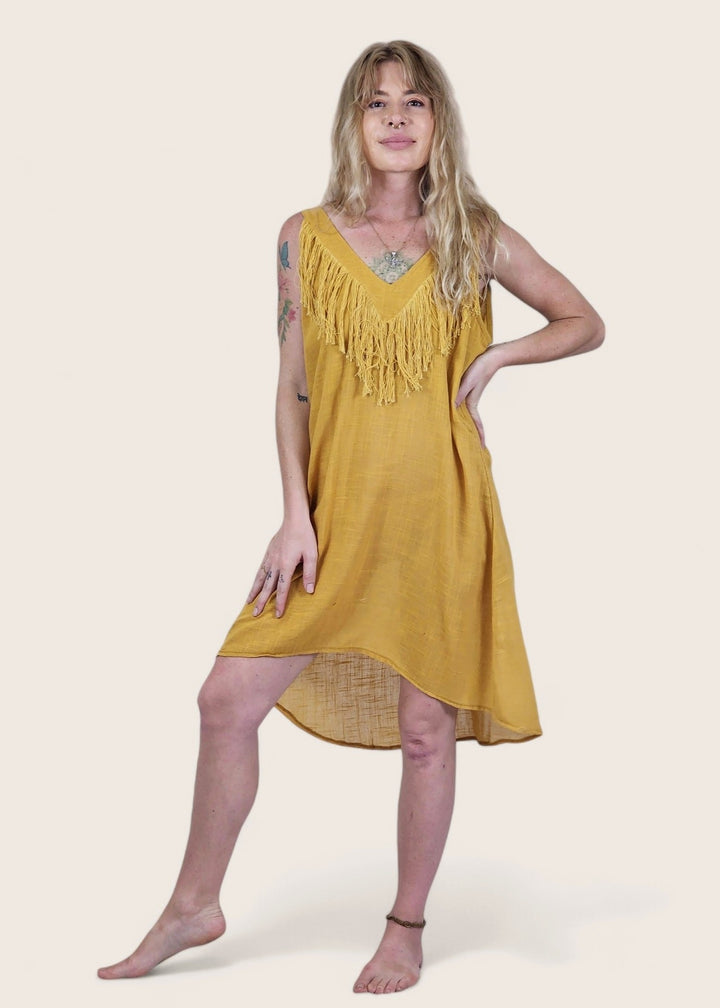 Linen Mini Fringe Dress (Turmeric)