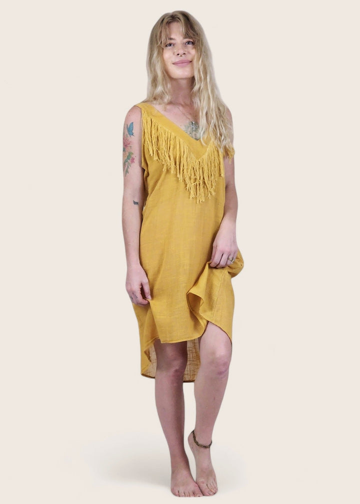 Linen Mini Fringe Dress (Turmeric)