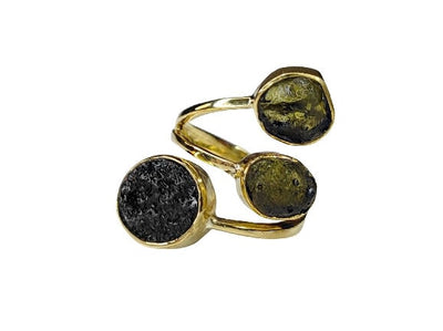 Certified Moldavite & Tibetan Tektite Adjustable Triple Spiral Stone Ring | 925 Sterling Silver, 18k Yellow/Rose Gold Plated