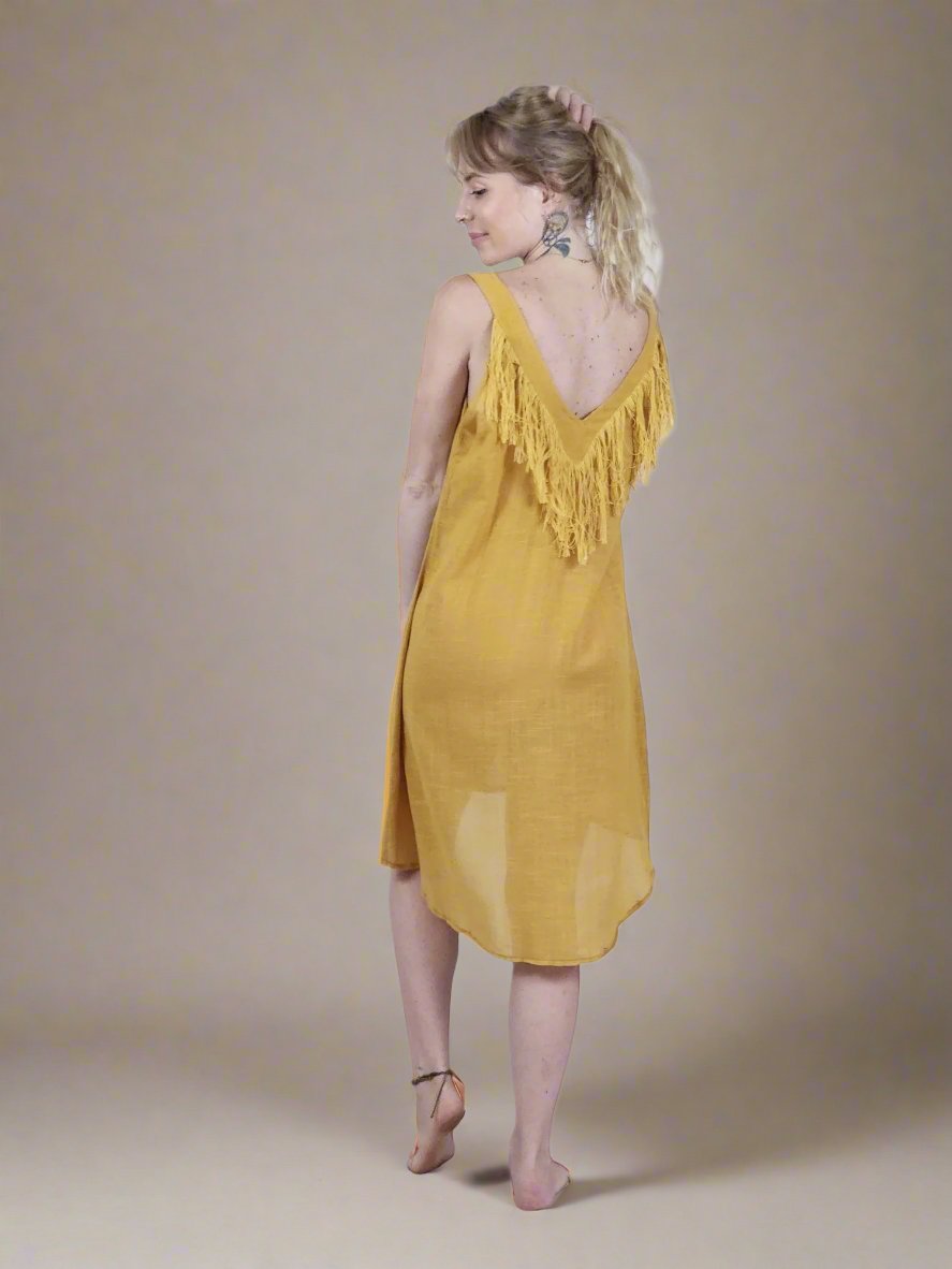 Turmeric Organic Linen Mini Dress with Fringe