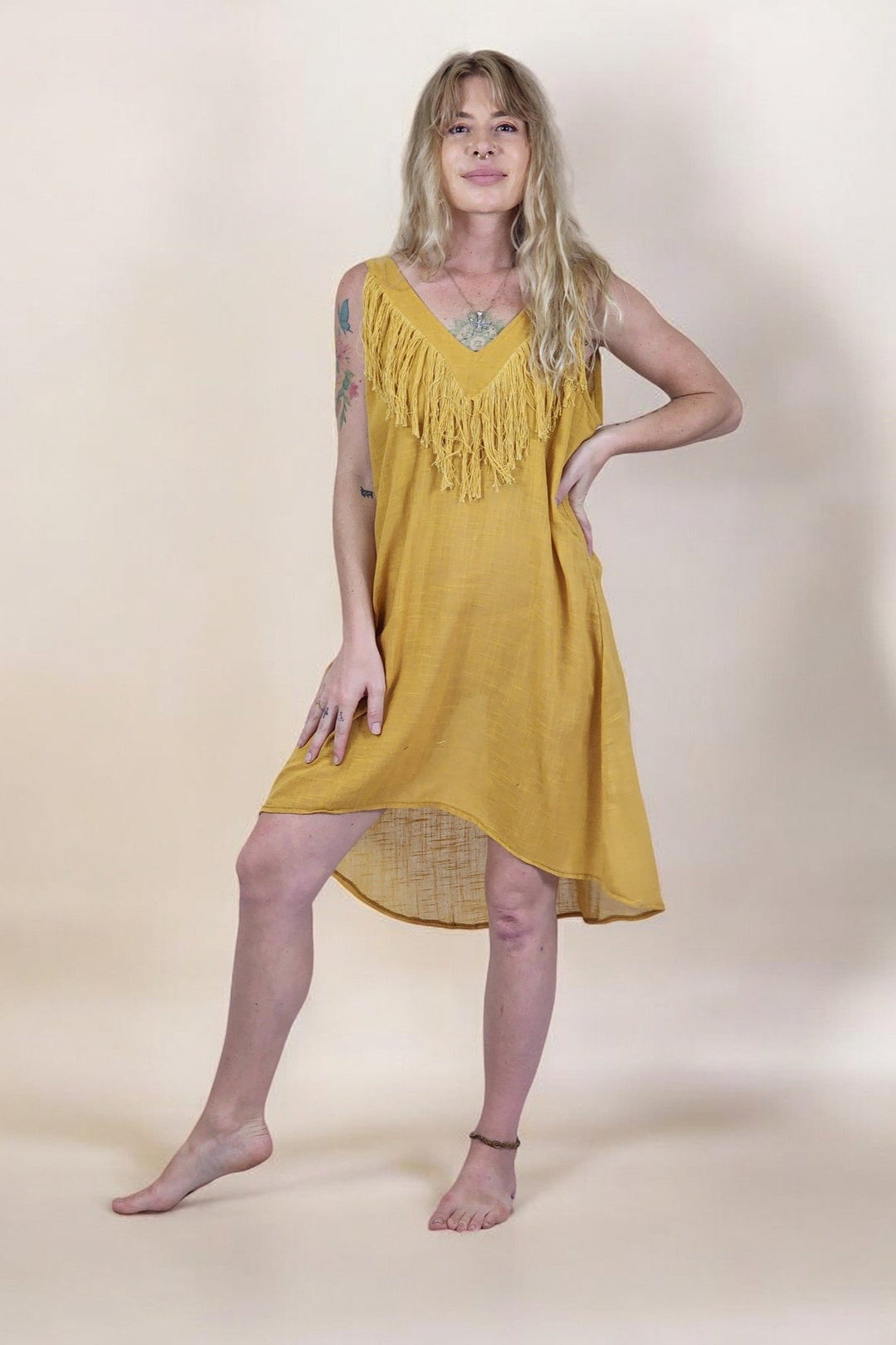 Turmeric Organic Linen Mini Dress with Fringe