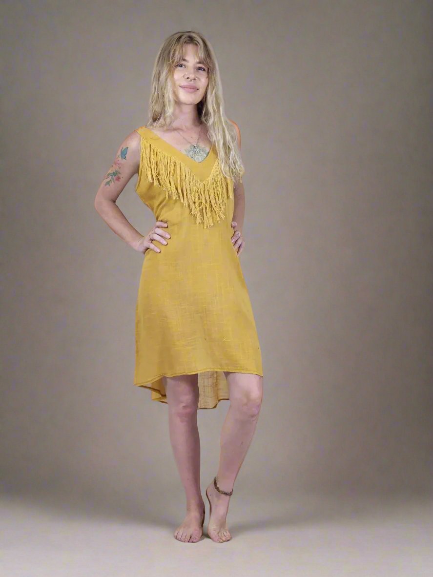 Turmeric Organic Linen Mini Dress with Fringe