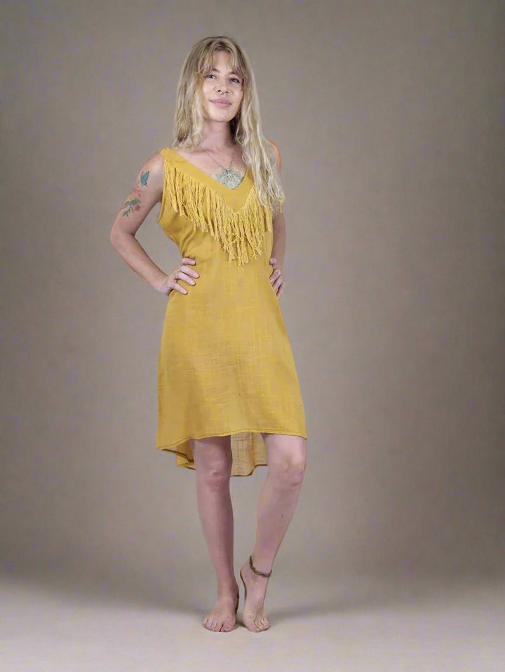 Turmeric Organic Linen Mini Dress with Fringe