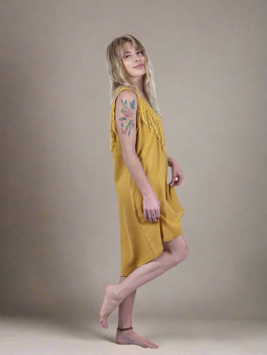 Turmeric Organic Linen Mini Dress with Fringe