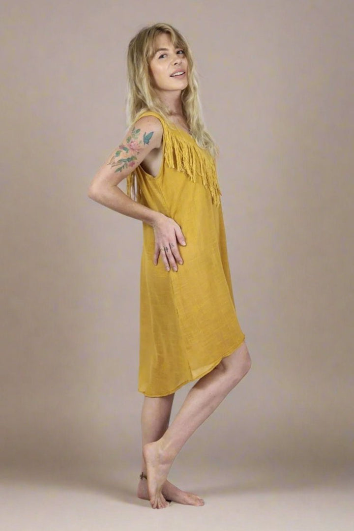 Turmeric Organic Linen Mini Dress with Fringe