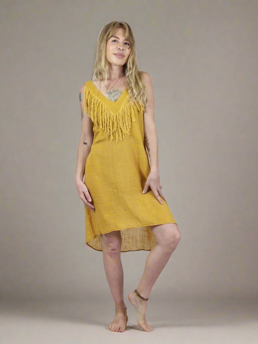 Turmeric Organic Linen Mini Dress with Fringe