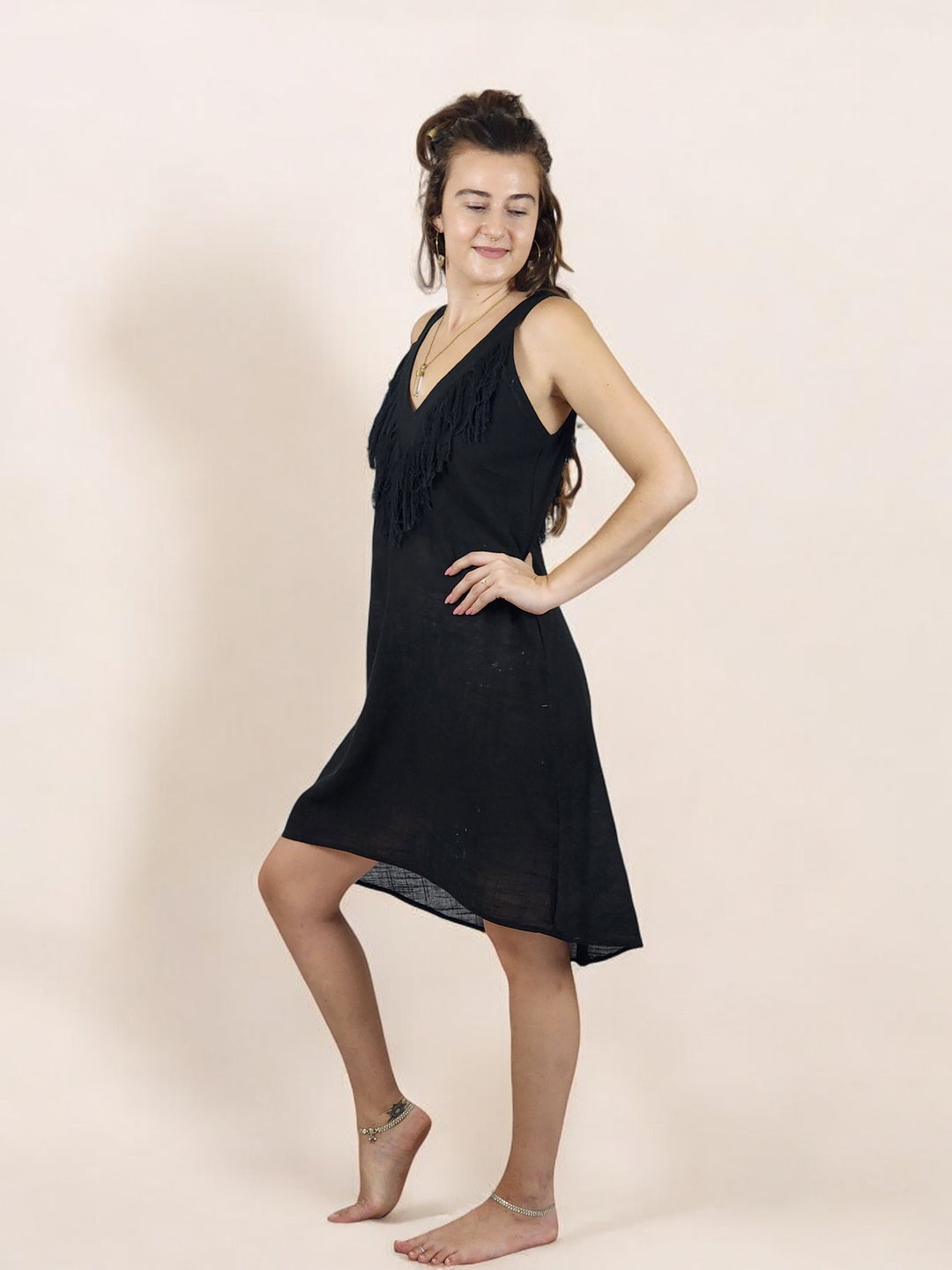 Black Organic Linen Mini Dress with Fringe