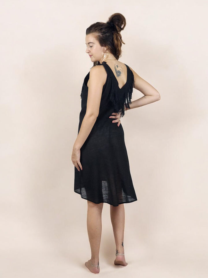 Black Organic Linen Mini Dress with Fringe